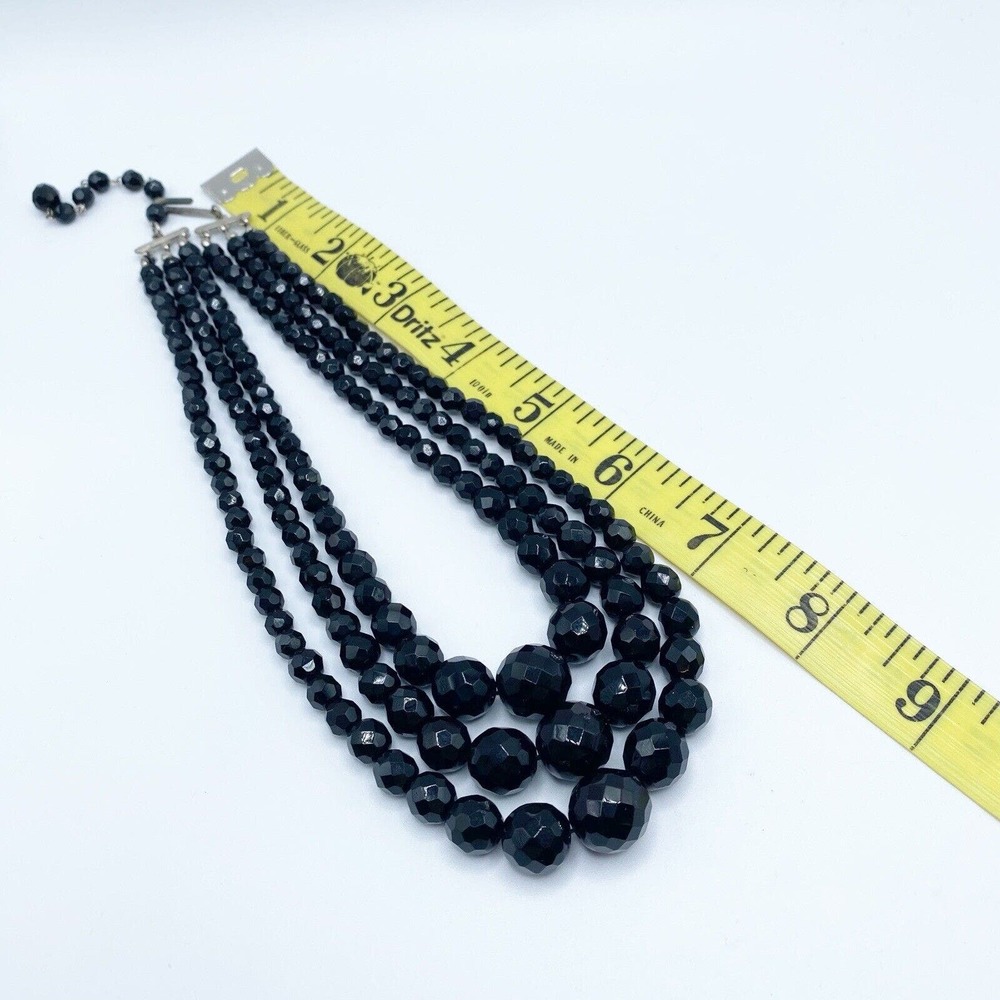 Vintage Austria Black Faceted Glass Triple Strand Necklace Pierced Earrings Set - Picture 13 of 14